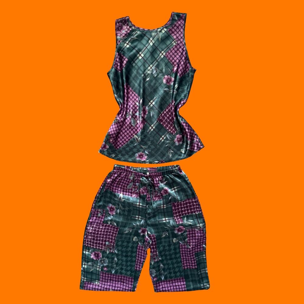 90's vintage satin floral patchwork pajama set SMALL california dynasty